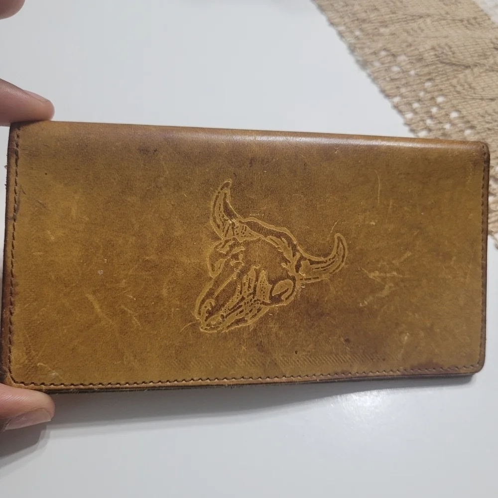 Vintage Camel Brown Leather Wallet with Bull Design Billfold